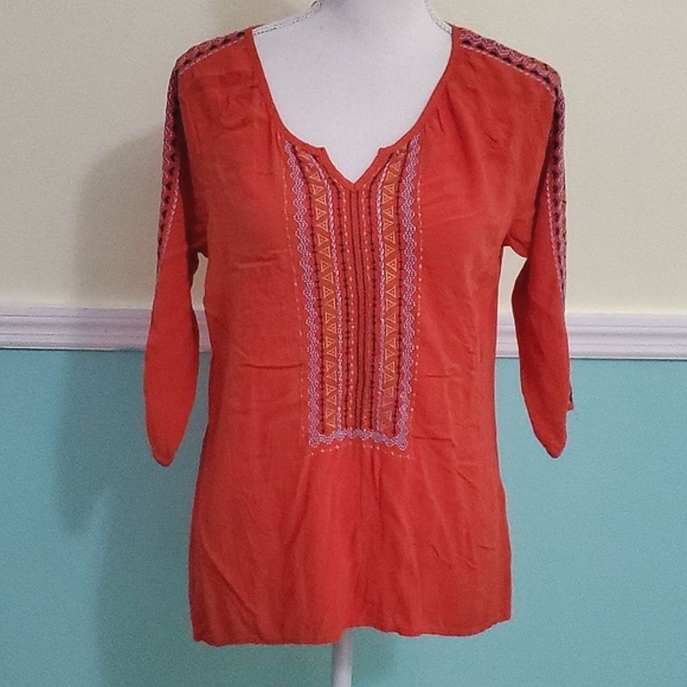 One World Red Orange Embroidered 3/4 Sleeves Boho Peasant Top S